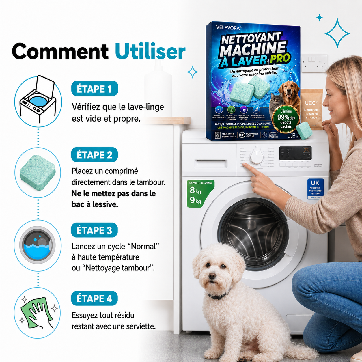 VELEVORA – NETTOYANT MACHINE À LAVER PRO